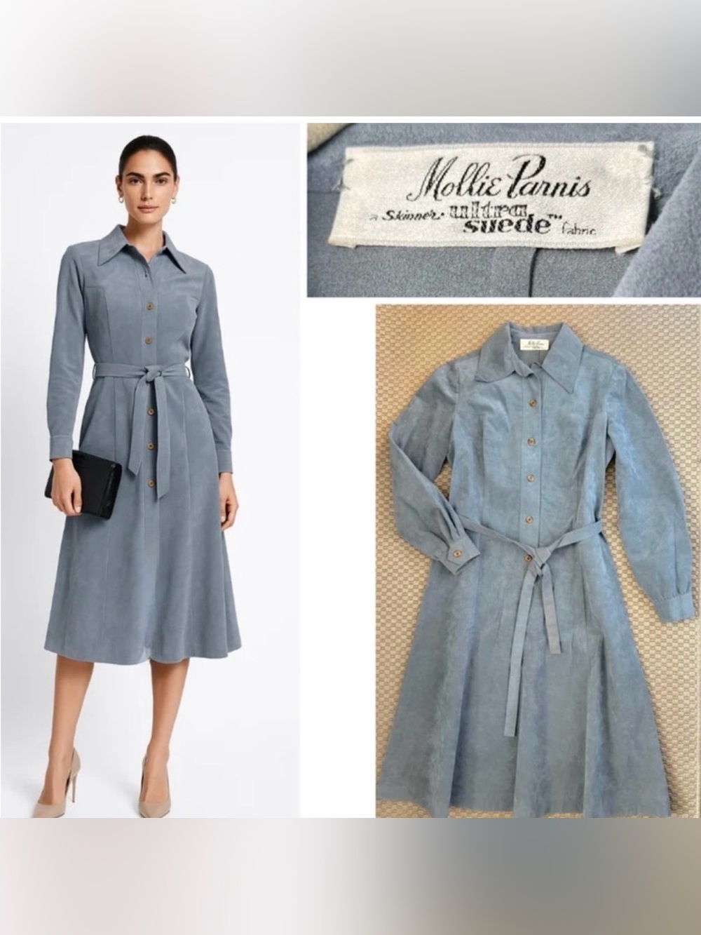 Vintage 1970s Mollie Parnis Blue Button-Up Dress W/ Belt